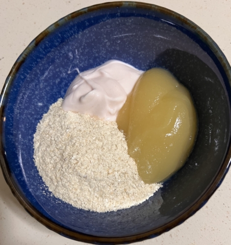 Apple sauce, yogurt, oatmeal cereal in a bowl