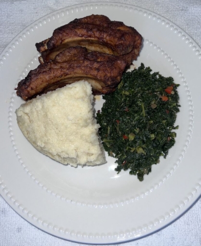 Baked Pork Ribs, Ugali, and Kale