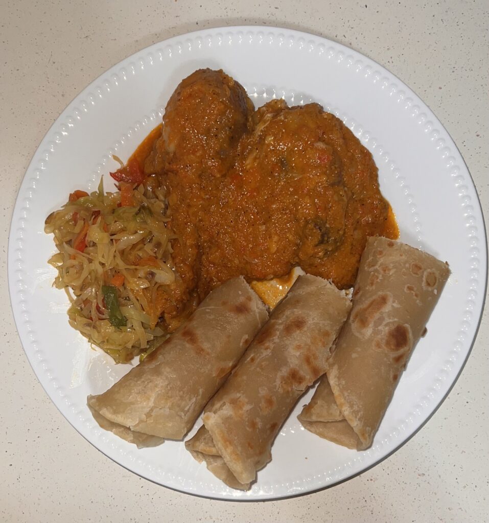 Chapati, Chicken Stew, and Cabbage