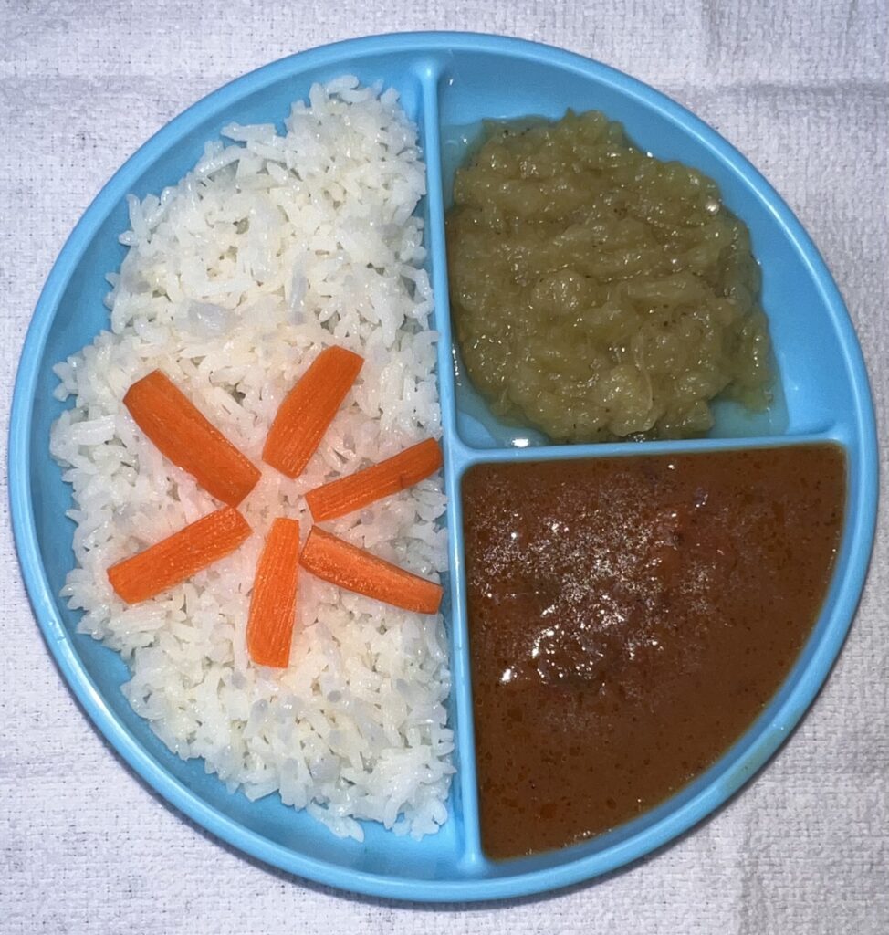 Rice, Mashed Eggplant, and Beef Stew