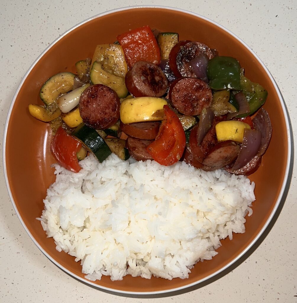 Sausage, Vegetables, and White Rice