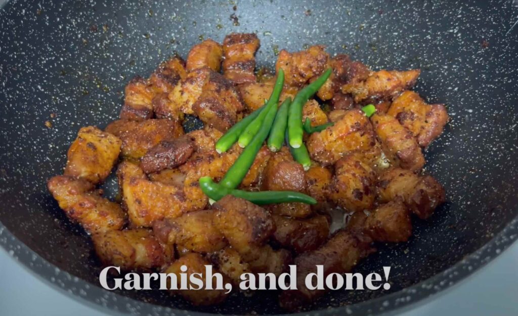 Garnishing fried pork belly